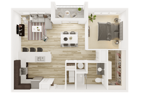 Floor plan for 1 bed, 1 bath, 844 sqft